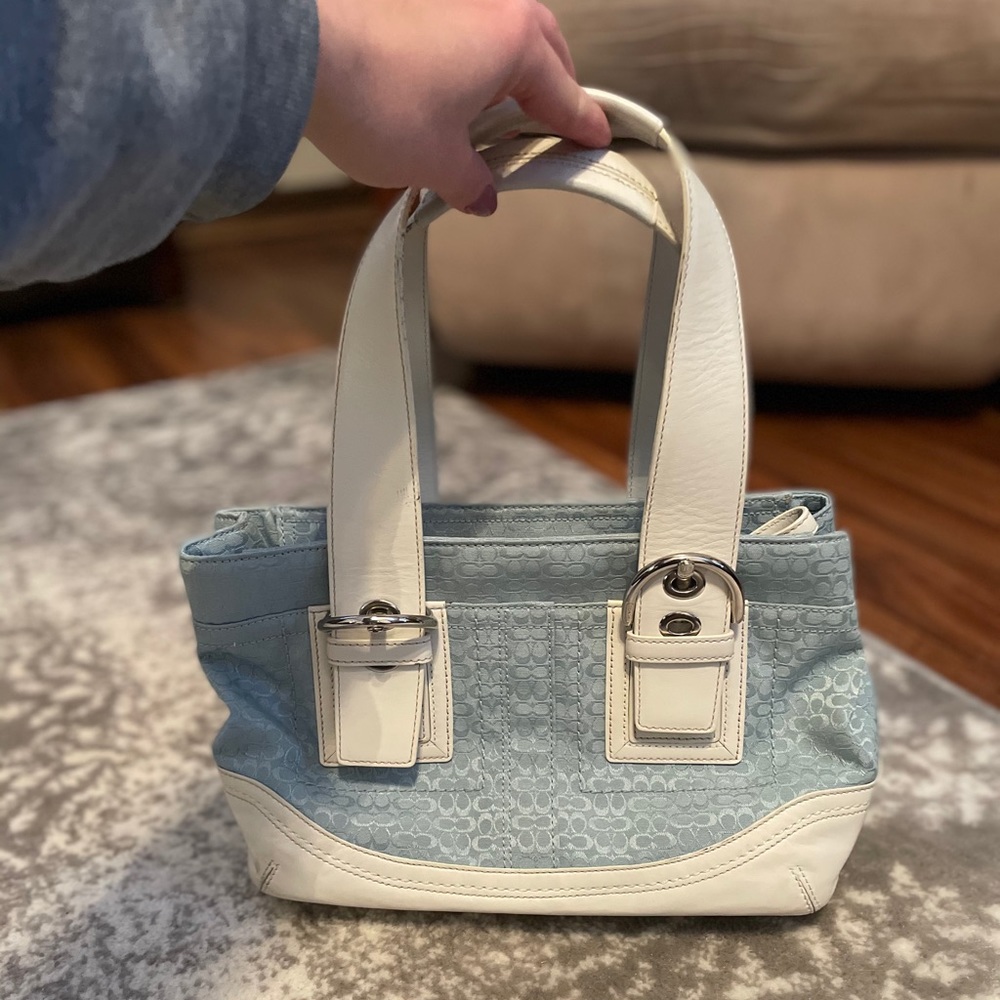 Blue and white coach purse